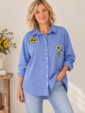 Oversized Gingham Sunflower Embroidered Button-Up Shirt